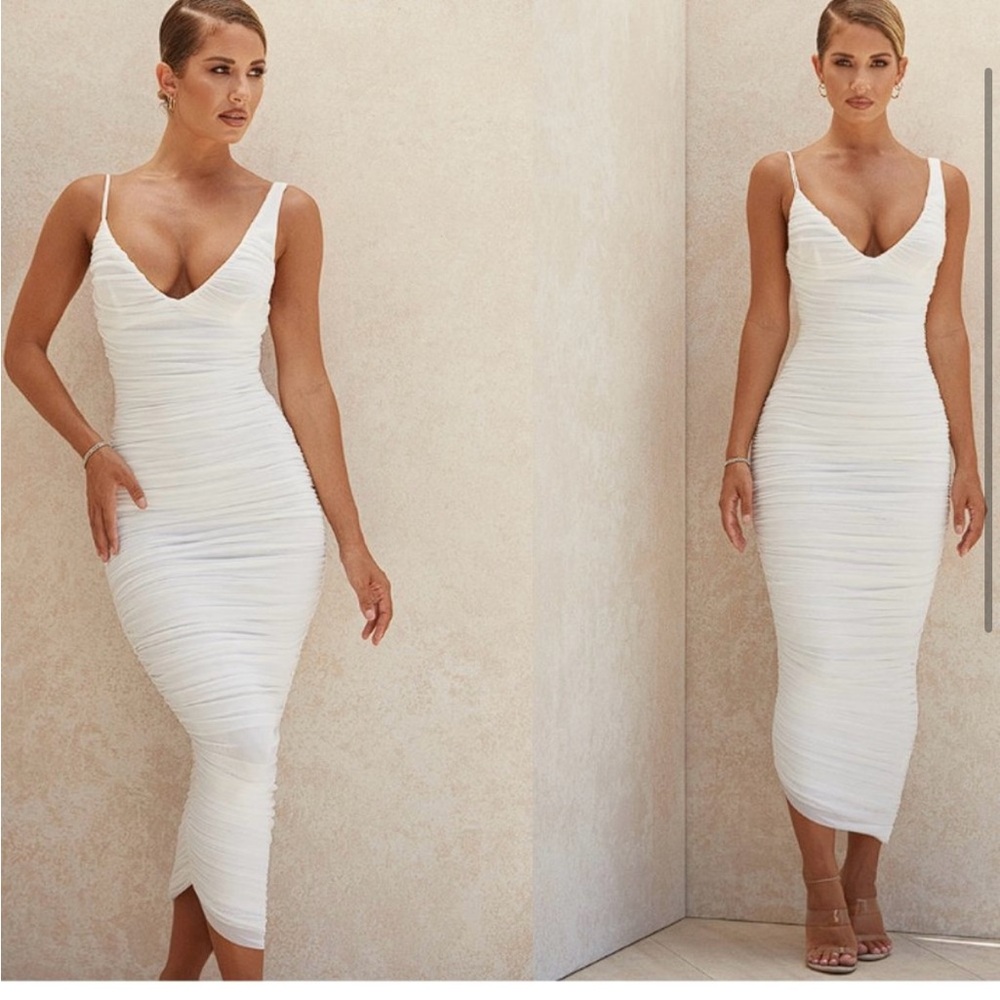 HOUSE OF CB 'Alexia' White Ruched Midi Dress NWOT